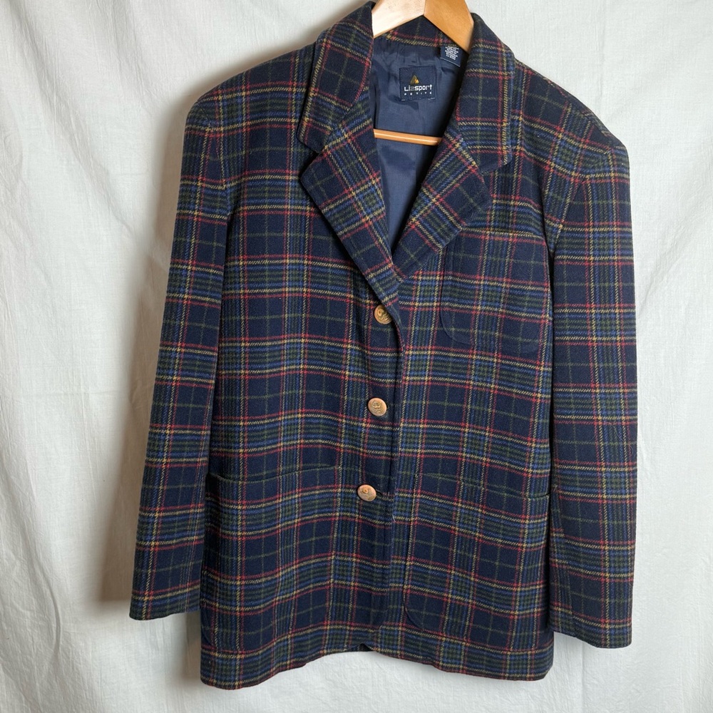 LizSport Petite Women's Plaid Blazer - Navy and Red Wool Blend